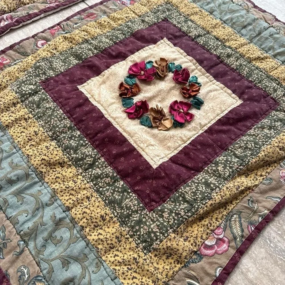 Vintage Quilted Pillow Shams Set of 2 Country Cottage Core Floral Patchwork